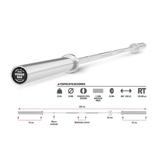 Barra Iron Power Bar Powerlifting 220 cm.