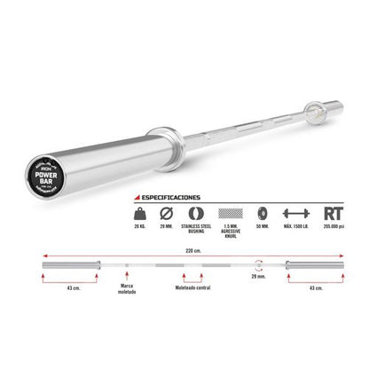 Barra Iron Power Bar Powerlifting 220 cm.